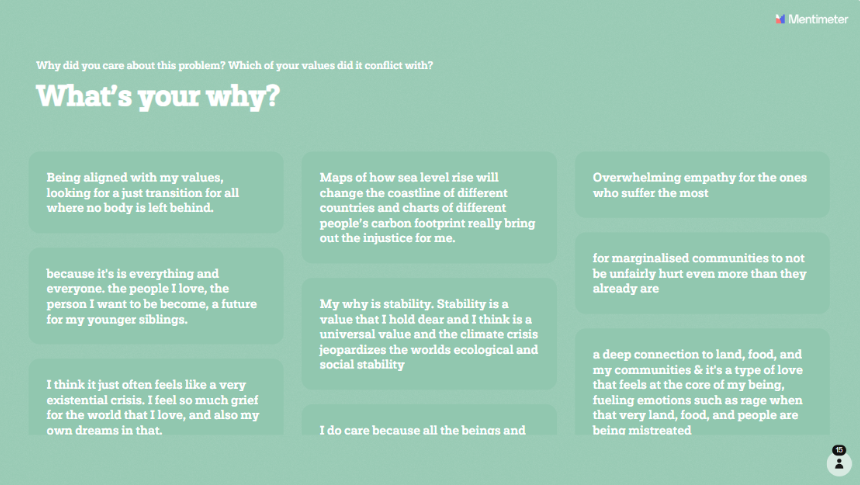 A screenshot of some responses to the question &ldquo;what&rsquo;s your why?&rdquo;