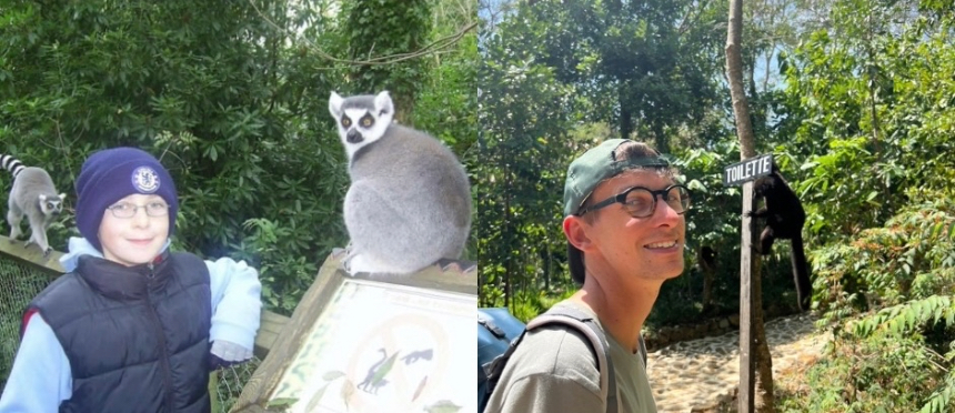 On the left, me and a lemur at a zoo when I was younger; on the right, me and a lemur in Madagascar